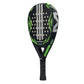 Black and green Adidas padel tennis racket with white stripes.