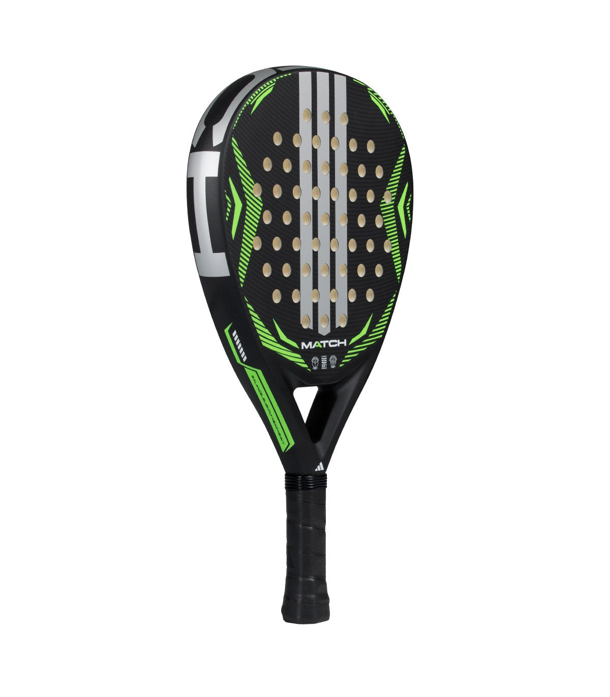 Black and green Adidas padel tennis racket with white stripes.