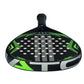 Black and green Adidas padel tennis racket with white stripes.