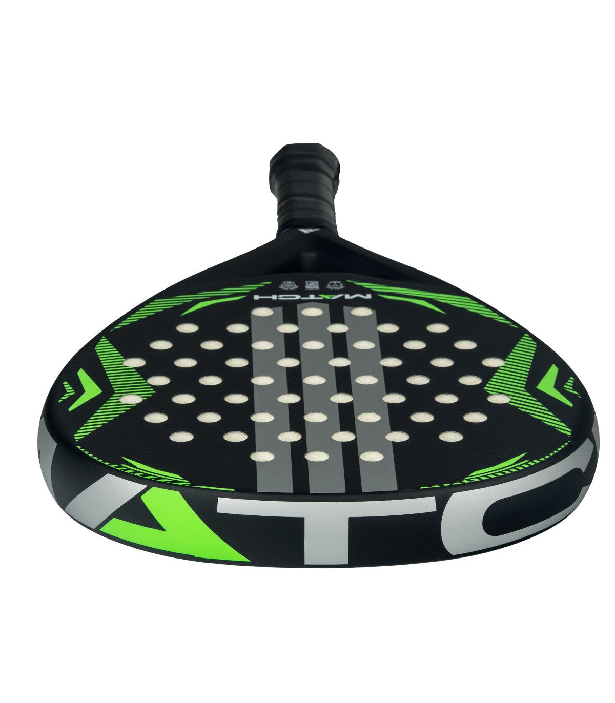 Black and green Adidas padel tennis racket with white stripes.
