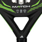 Black and green Adidas padel tennis racket with white stripes.