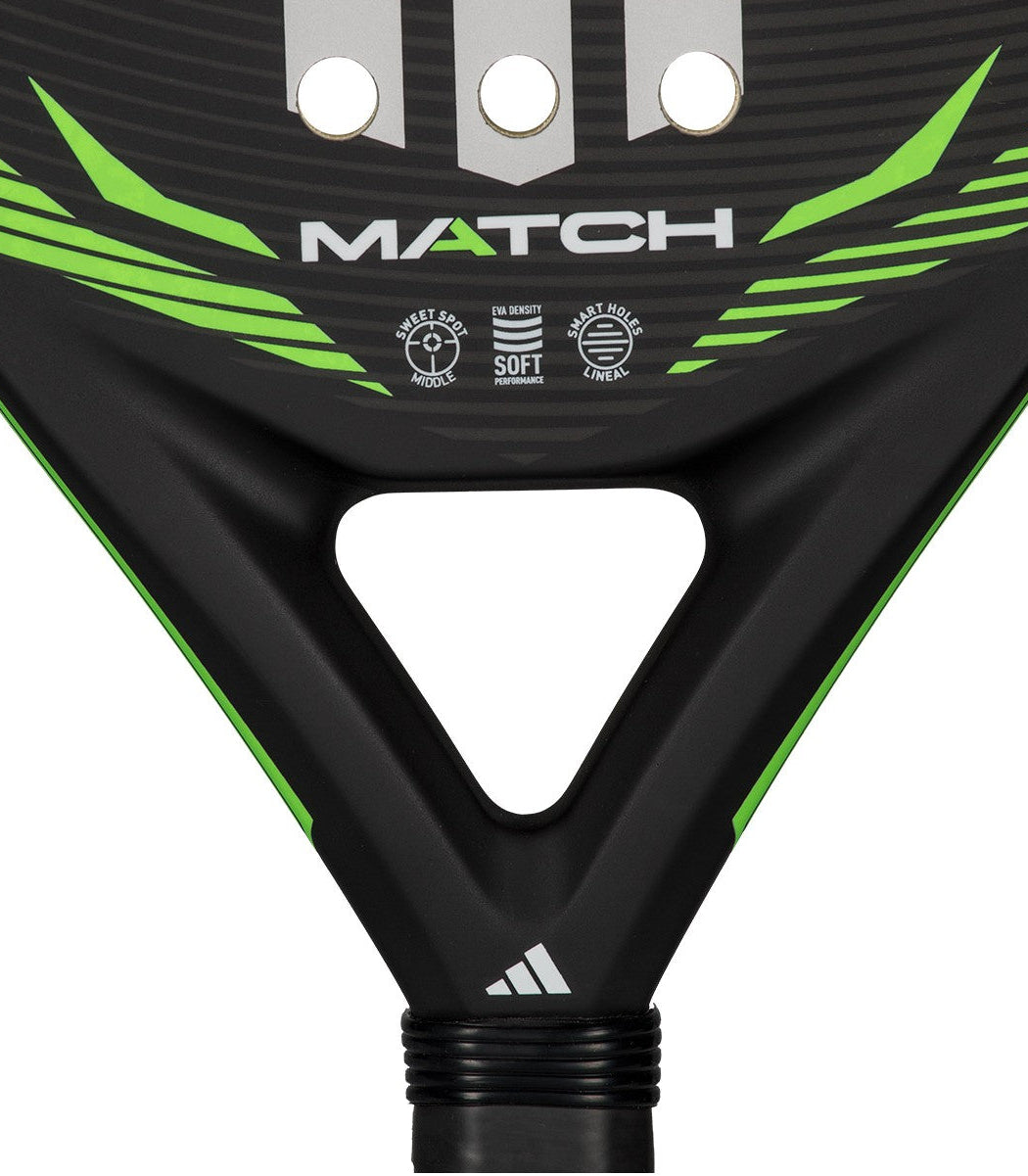 Black and green Adidas padel tennis racket with white stripes.