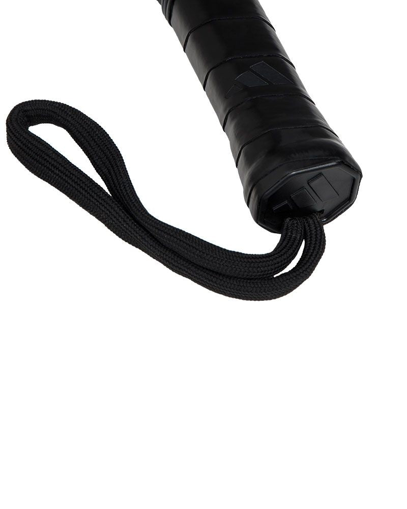 The handle of blue and orange Adidas padel racket on a white background.