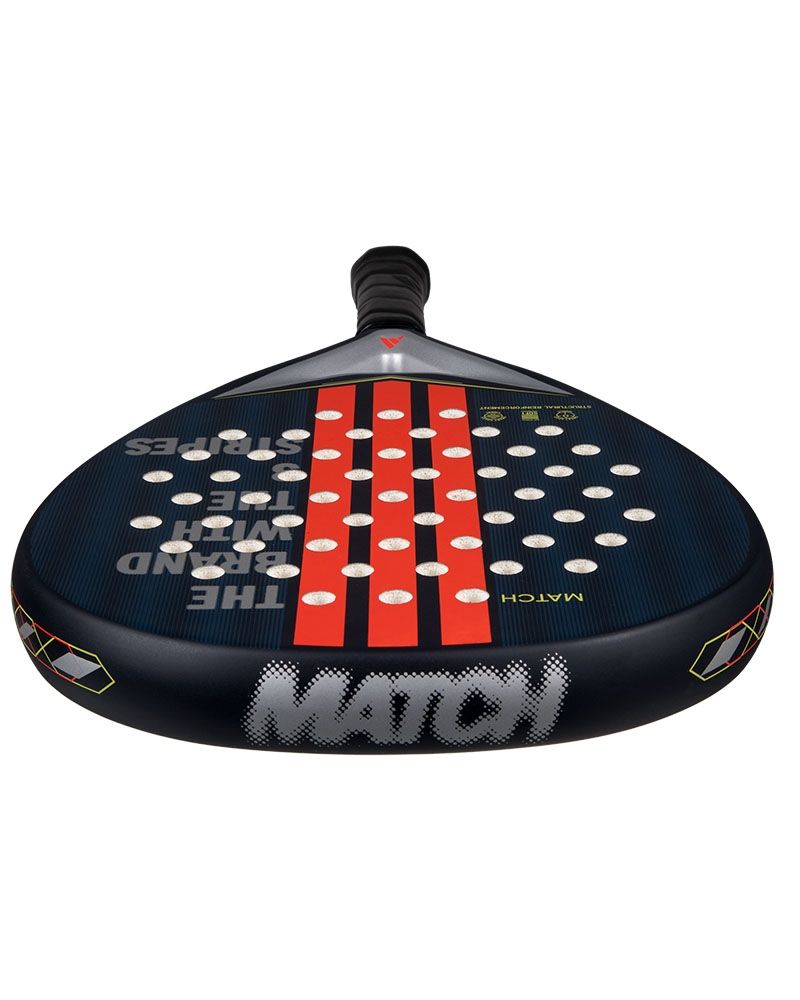 The top of a blue and orange Adidas padel racket on a white background.