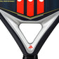 Close up of a blue and orange Adidas padel racket on a white background.