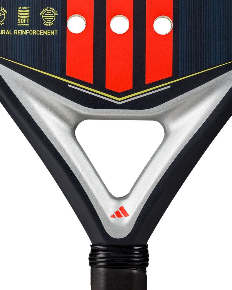 Close up of a blue and orange Adidas padel racket on a white background.