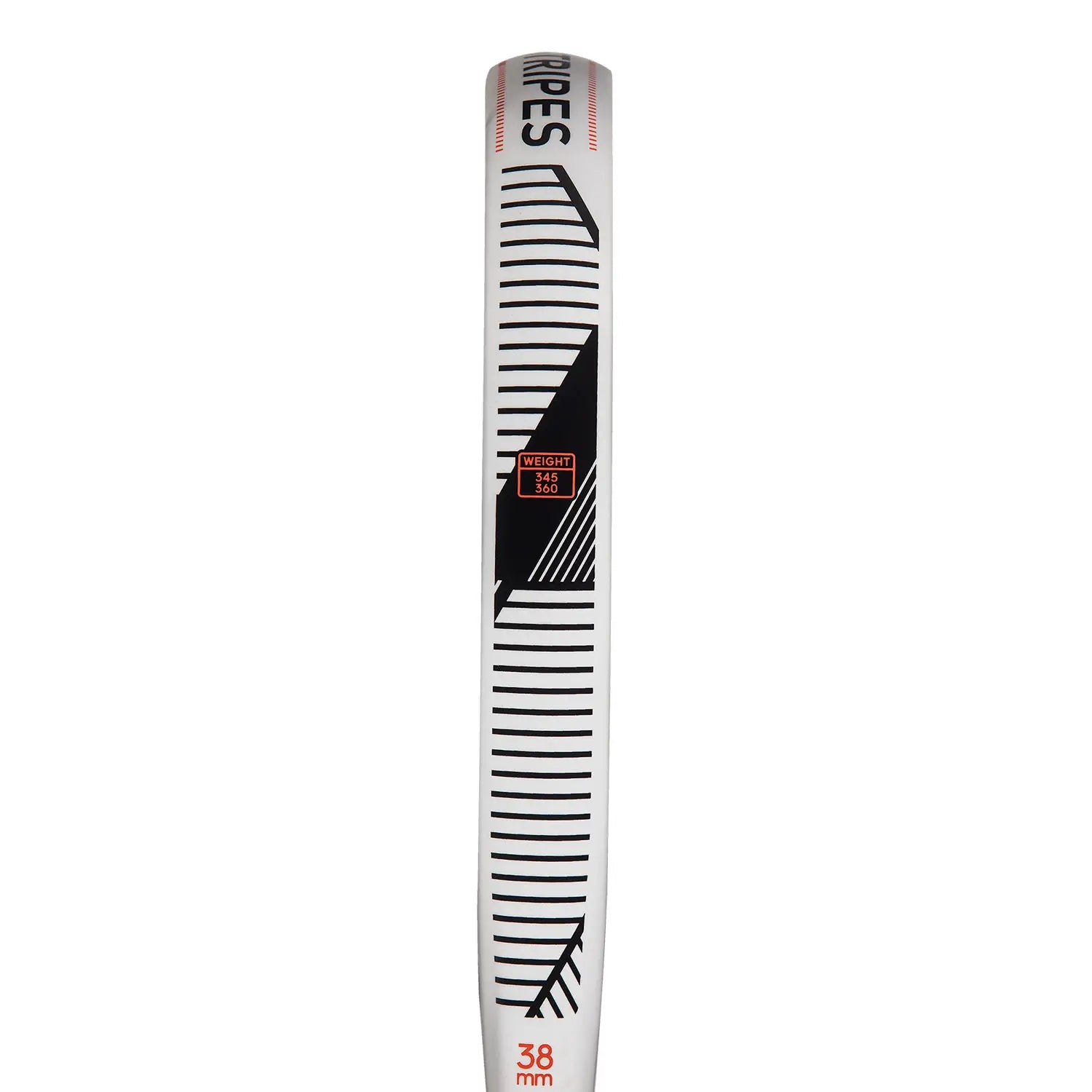 Side of a white and black Adidas padel racket on a white background.