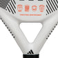 Close up of a white and black Adidas padel racket on a white background.
