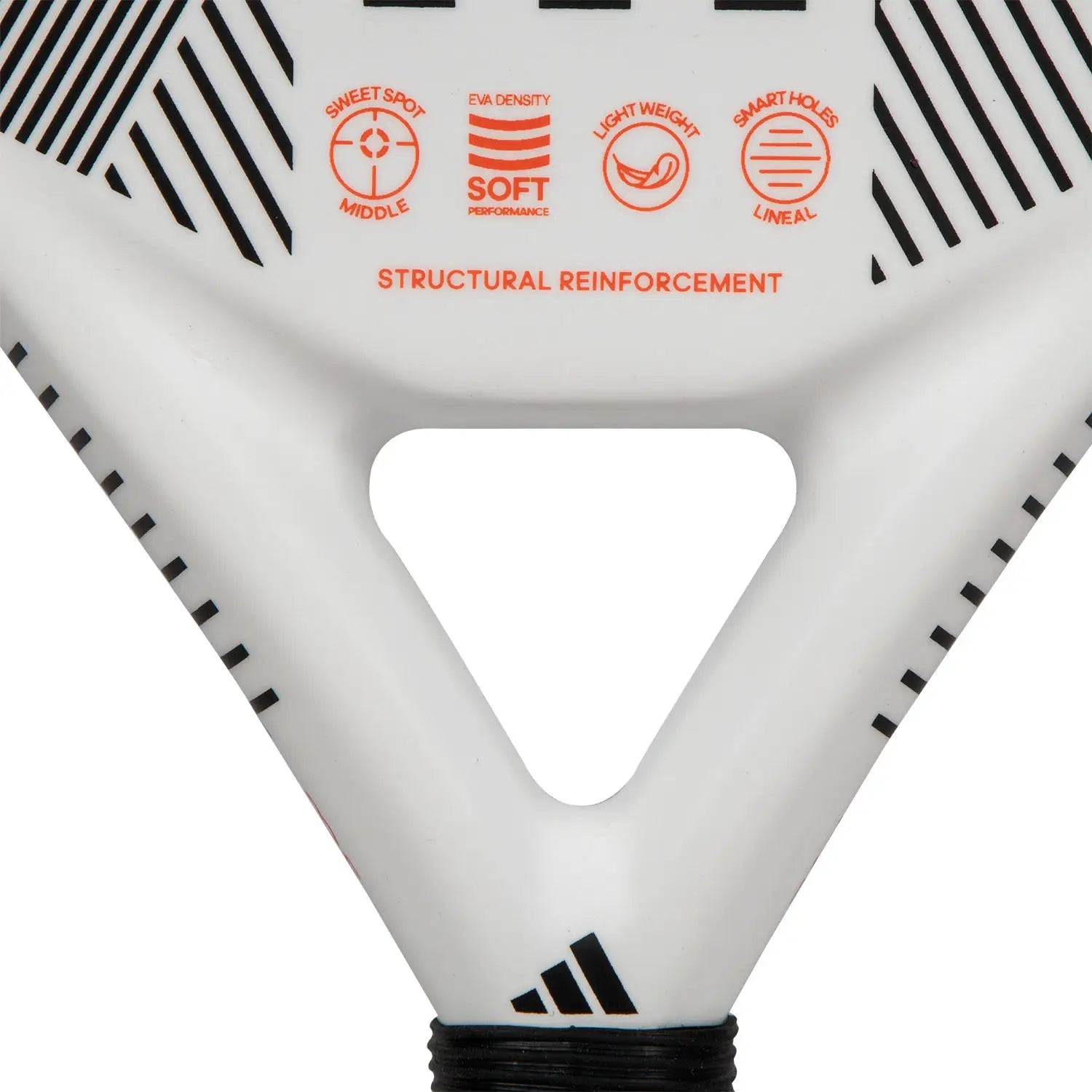 Close up of a white and black Adidas padel racket on a white background.