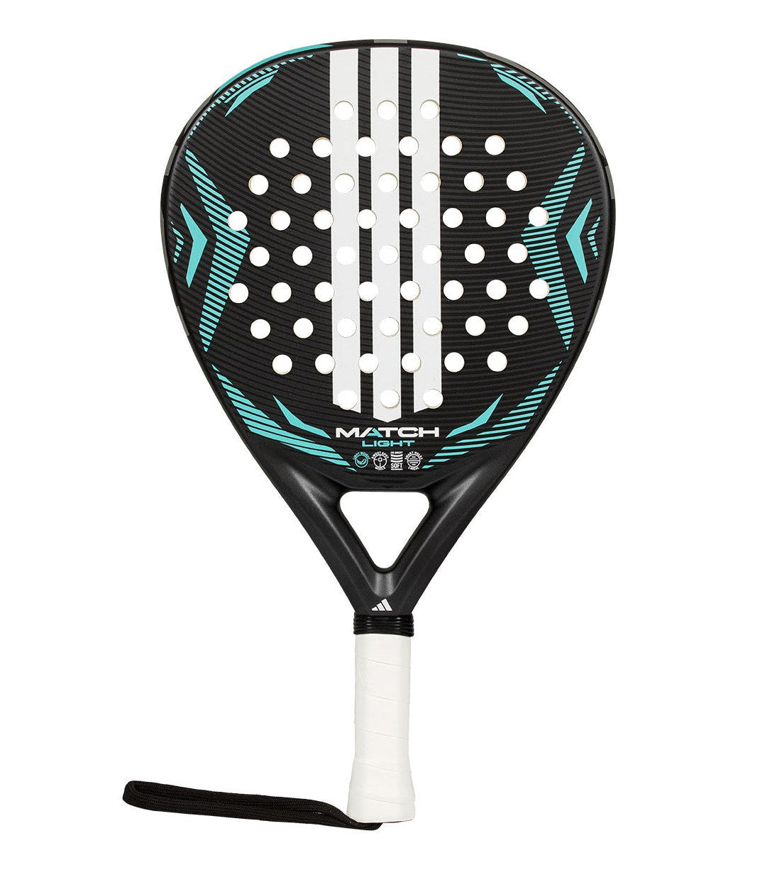 Black and blue Adidas padel tennis racket with white stripes.