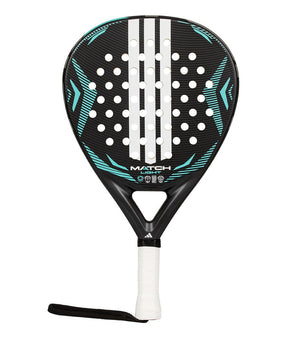 Black and blue Adidas padel tennis racket with white stripes.