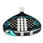 Black and blue Adidas padel tennis racket with white stripes.