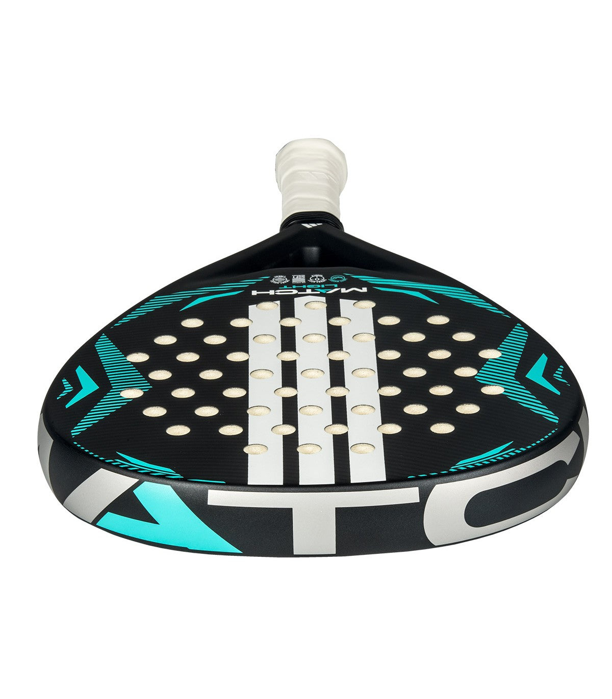 Black and blue Adidas padel tennis racket with white stripes.