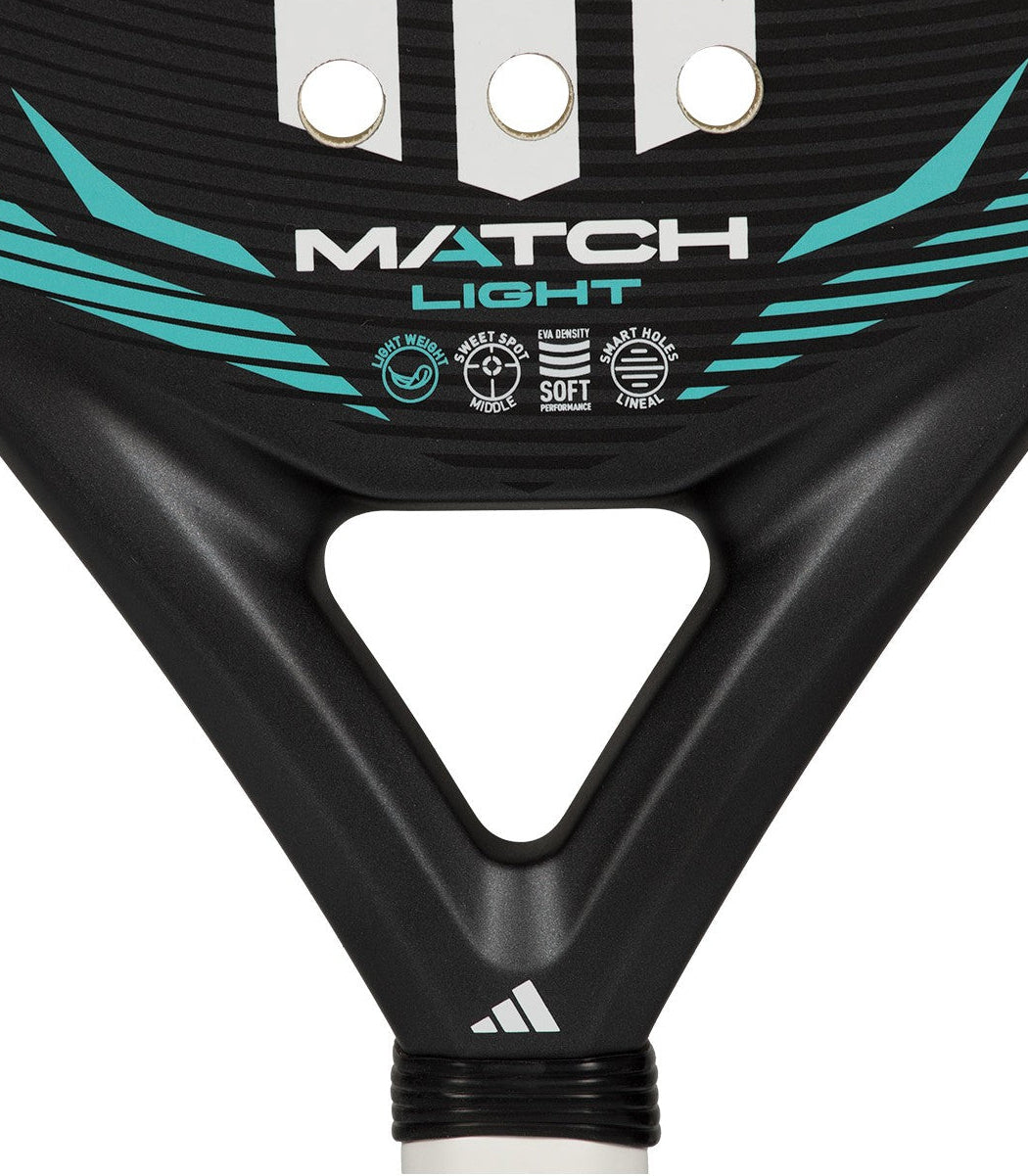 Black and blue Adidas padel tennis racket with white stripes, zoomed in.