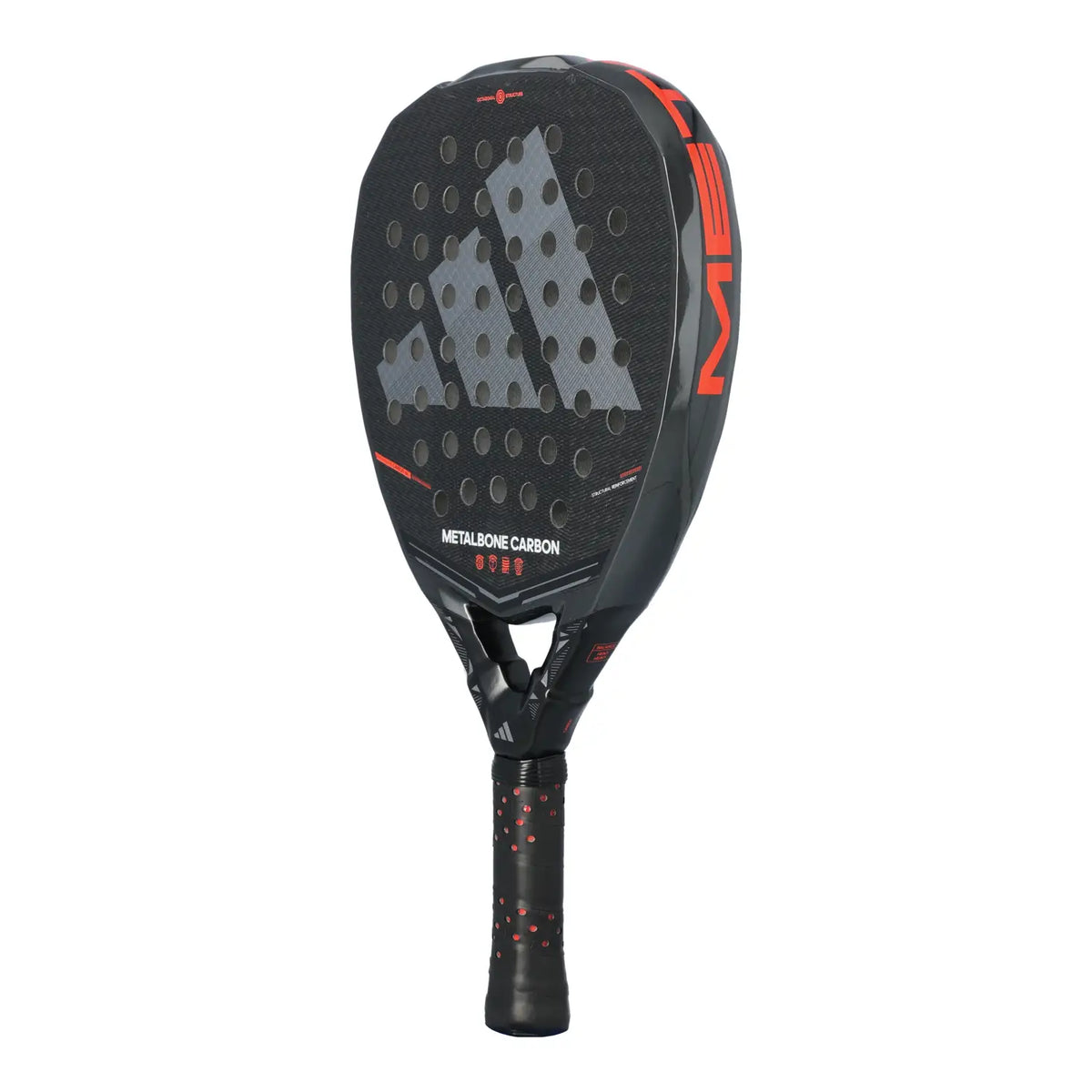 A black Adidas Metalbone 2026 padel racket with orange detailing on a white background.