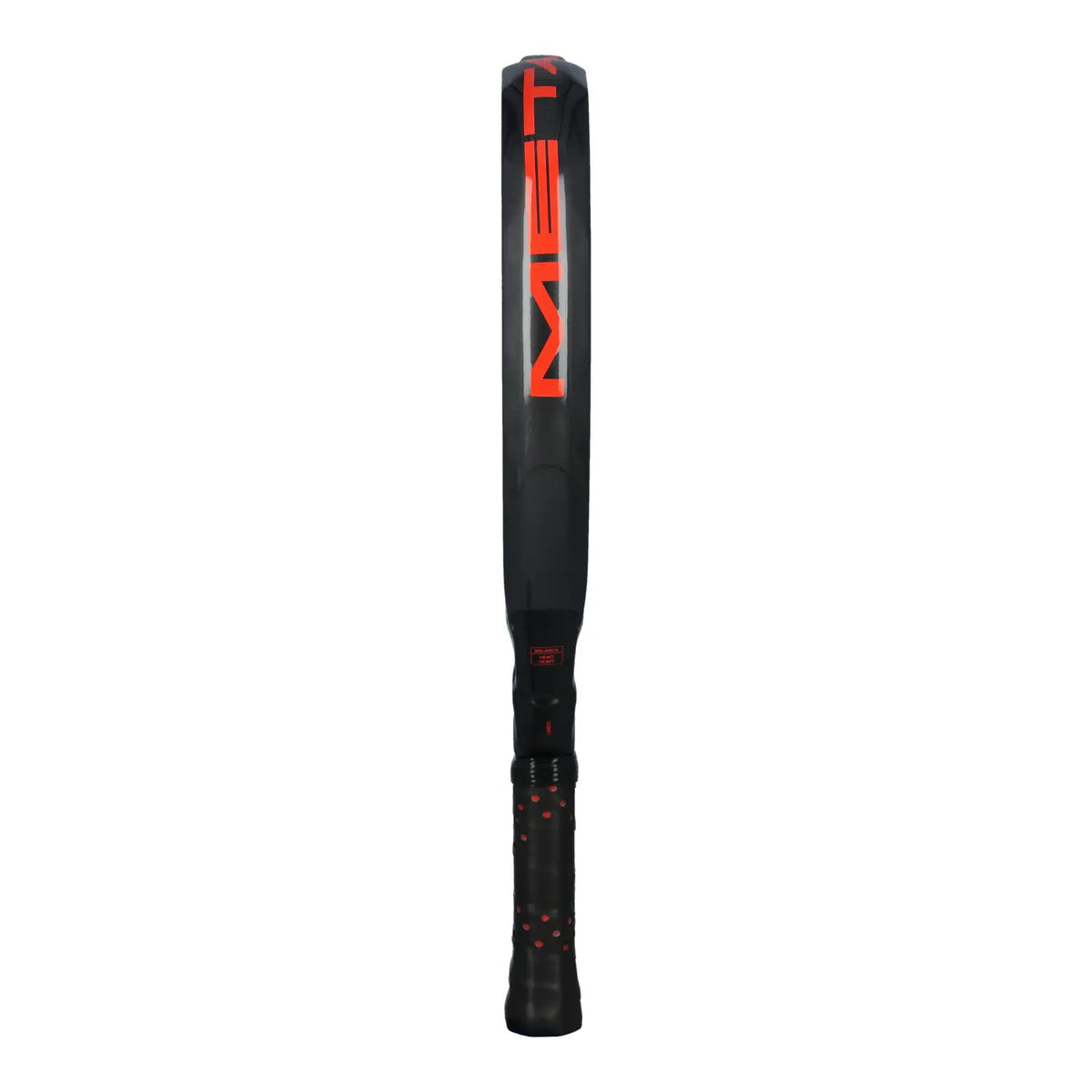 The side of a black Adidas Metalbone 2026 padel racket with orange detailing on a white background.