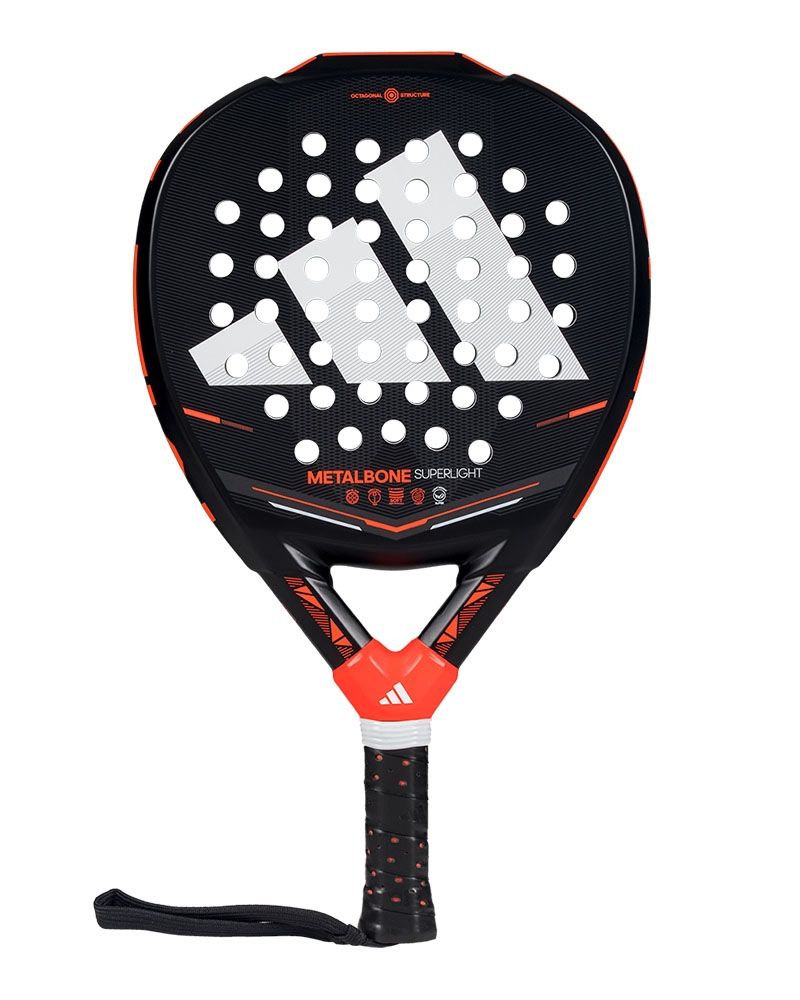 Black and orange Adidas padel racket with a white logo on a white background.