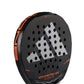 The face of a black Adidas Metalbone padel racket with orange branding on a white background.