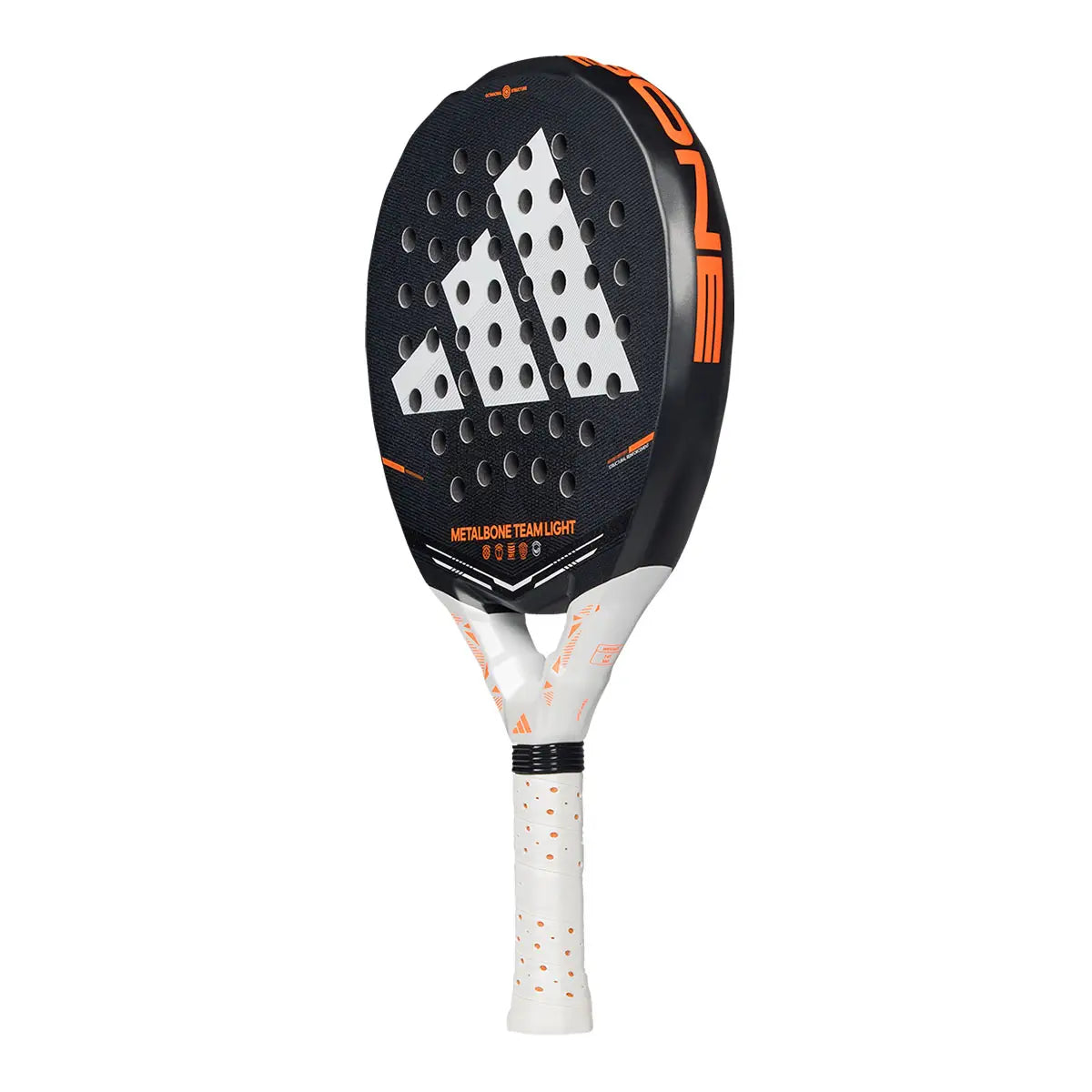 A black Adidas Metalbone padel racket with orange branding on a white background.