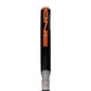 The side of a black Adidas Metalbone padel racket with orange branding on a white background.