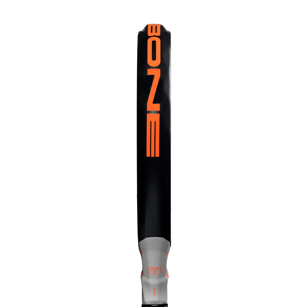 The side of a black Adidas Metalbone padel racket with orange branding on a white background.
