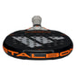 The top of a black Adidas Metalbone padel racket with orange branding on a white background.