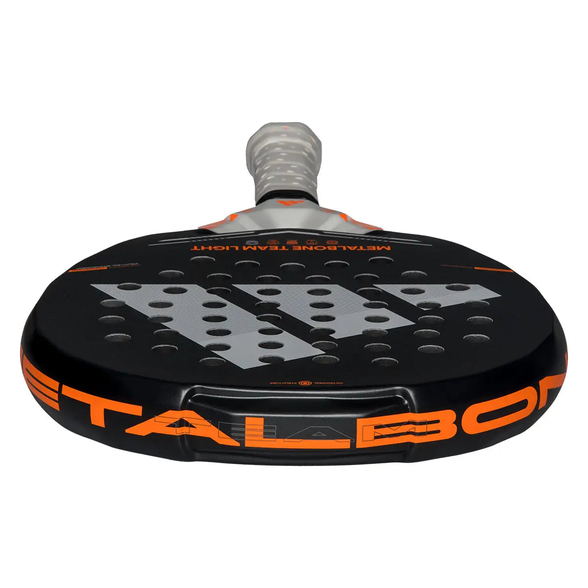 The top of a black Adidas Metalbone padel racket with orange branding on a white background.