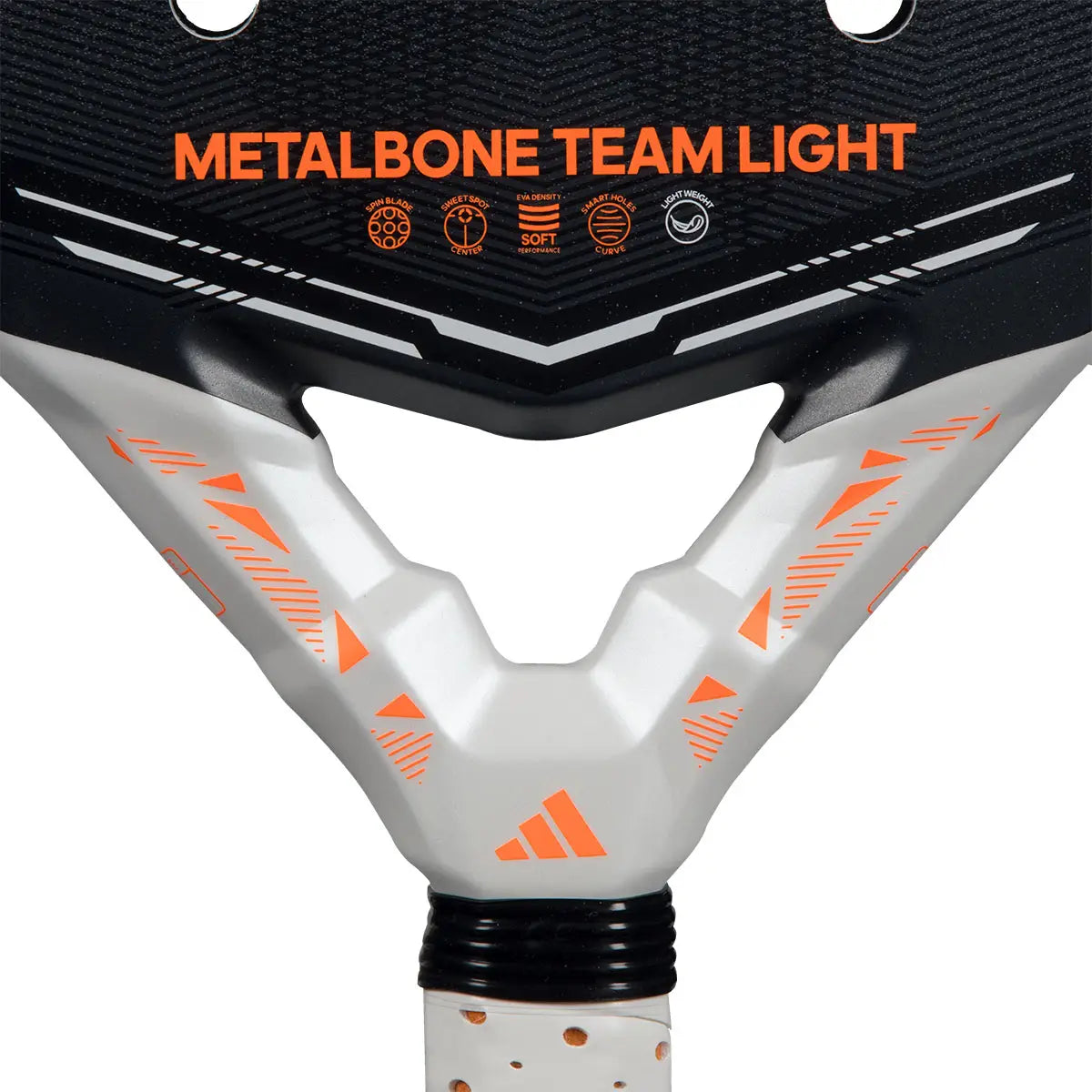 A close-up of a black Adidas Metalbone padel racket with orange branding on a white background.