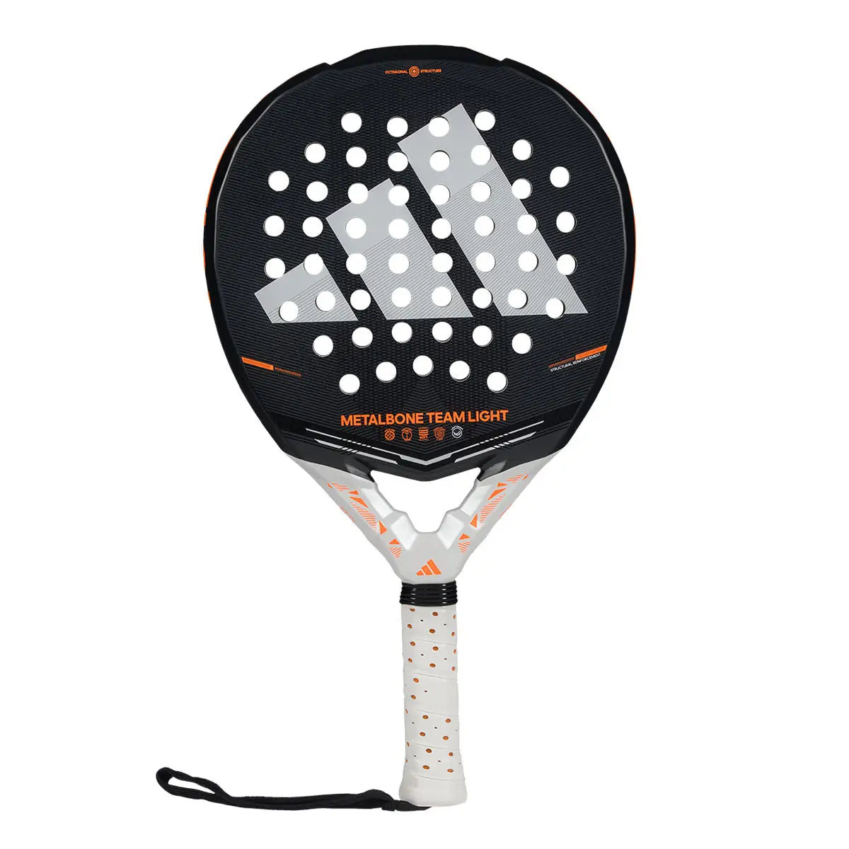 A black Adidas Metalbone padel racket with orange branding on a white background.