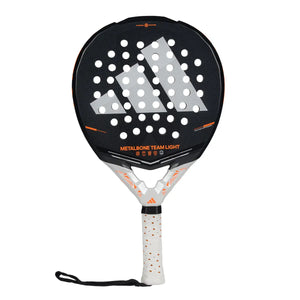 A black Adidas Metalbone padel racket with orange branding on a white background.