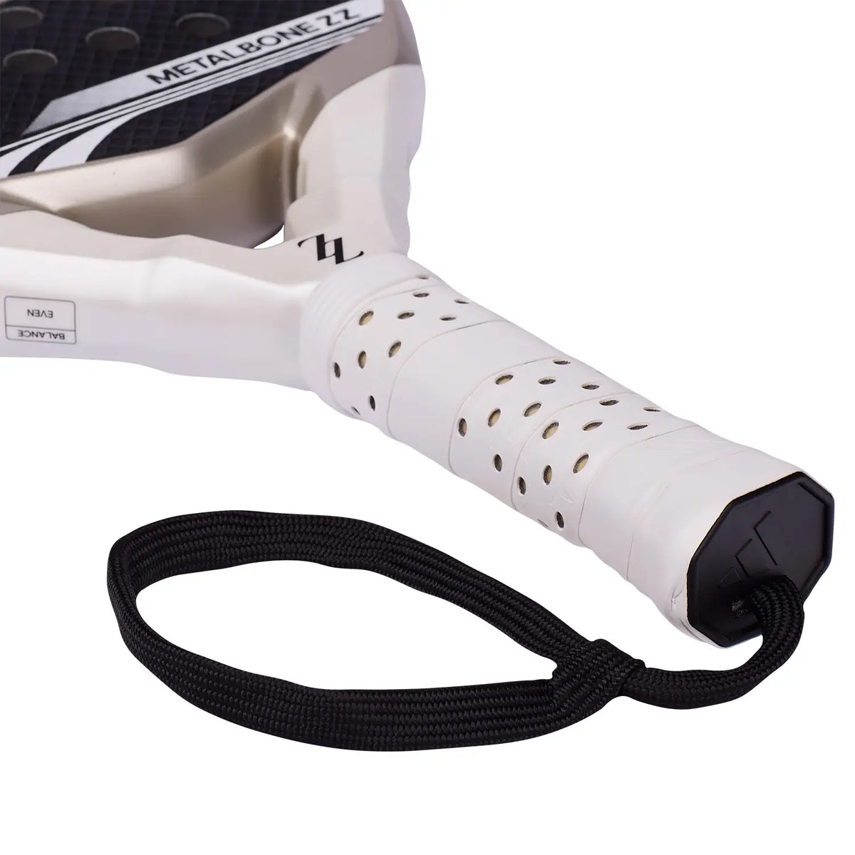 The white handle of a limited edition Zinedine Zidane Adidas padel racket on a white background