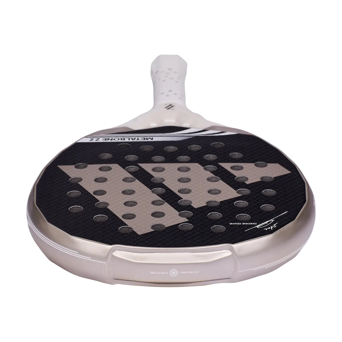 The top of a limited edition Zinedine Zidane Adidas padel racket on a white background