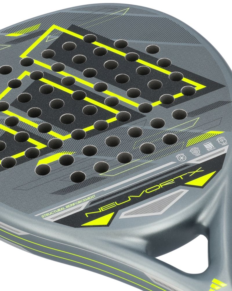 Close up of a black, lime and grey Adidas padel racket on a white background.