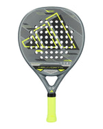 Black, lime and grey Adidas padel racket on a white background.