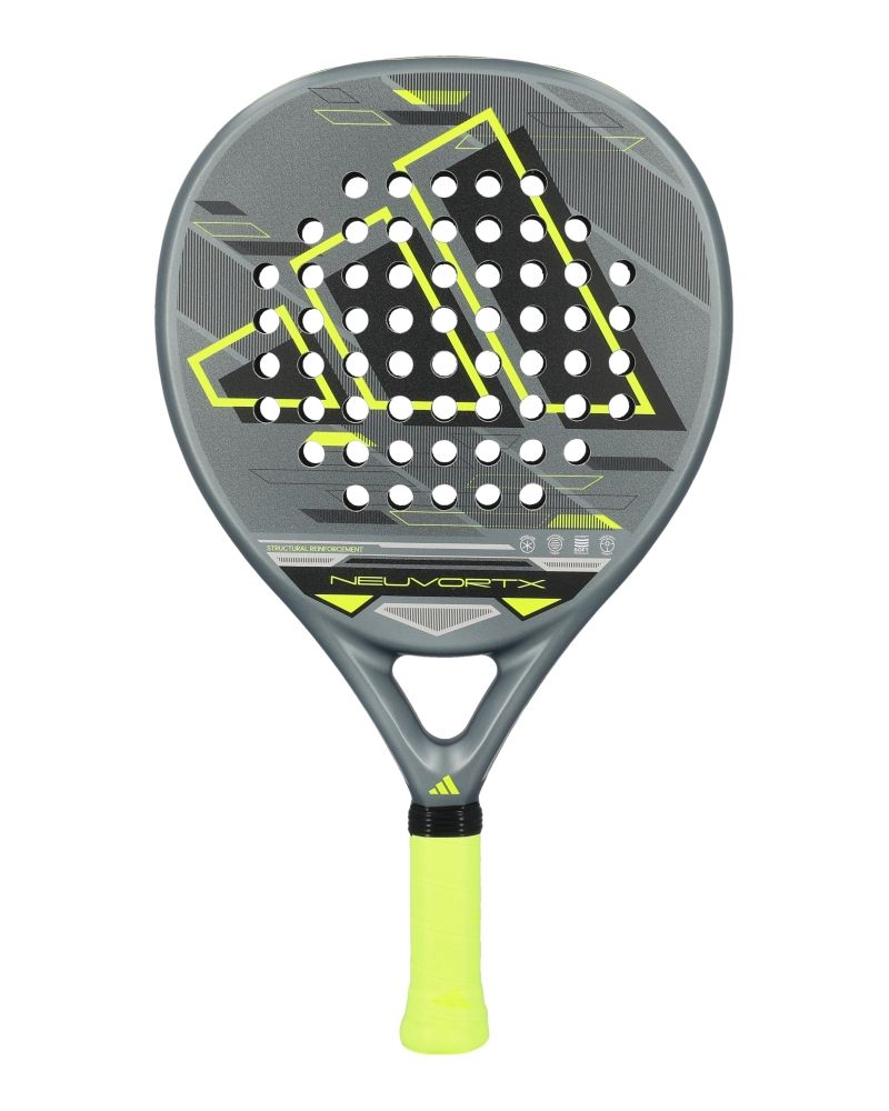 Black, lime and grey Adidas padel racket on a white background.