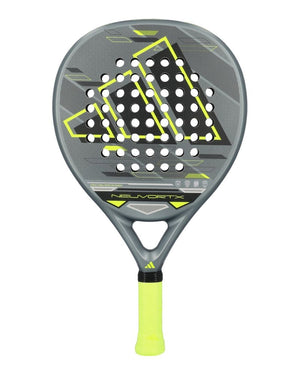 Black, lime and grey Adidas padel racket on a white background.