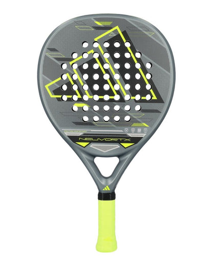 Black, lime and grey Adidas padel racket on a white background.