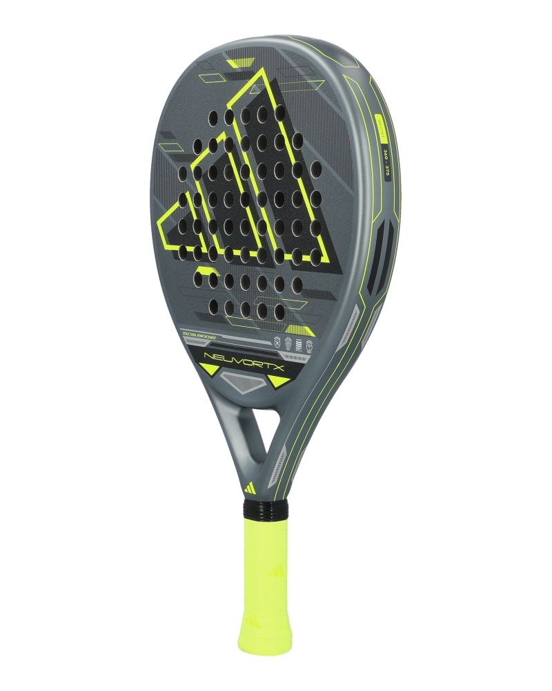 Black, lime and grey Adidas padel racket on a white background.