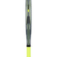 Side of a black, lime and grey Adidas padel racket on a white background.
