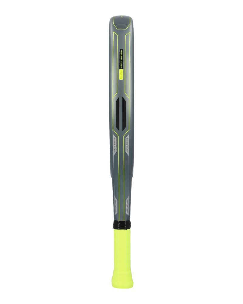 Side of a black, lime and grey Adidas padel racket on a white background.