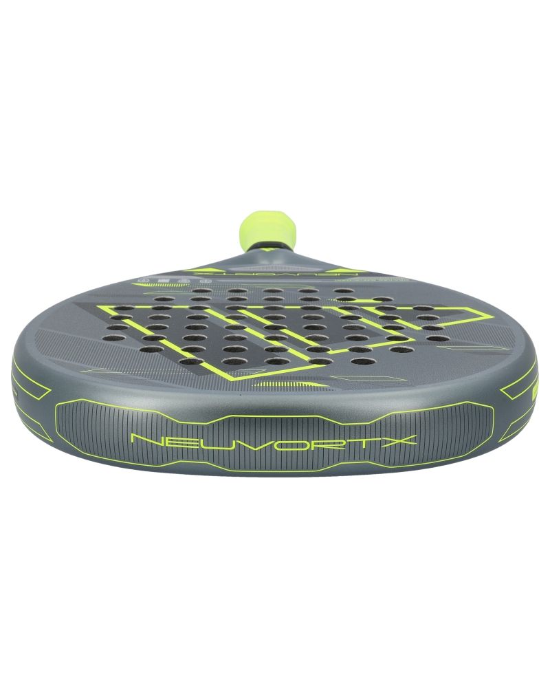 Top of a black, lime and grey Adidas padel racket on a white background.