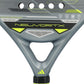 Close up of a black, lime and grey Adidas padel racket on a white background.