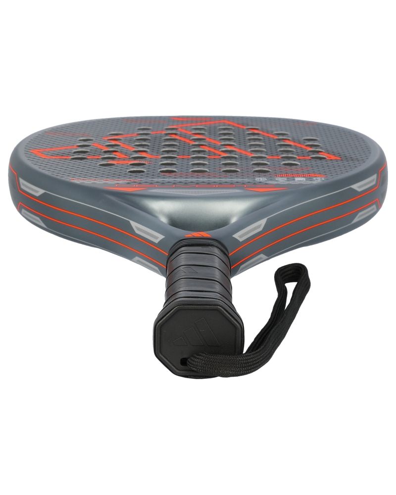 The handle of a black, orange and grey Adidas padel racket on a white background.