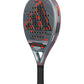 Black, orange and grey Adidas padel racket on a white background.
