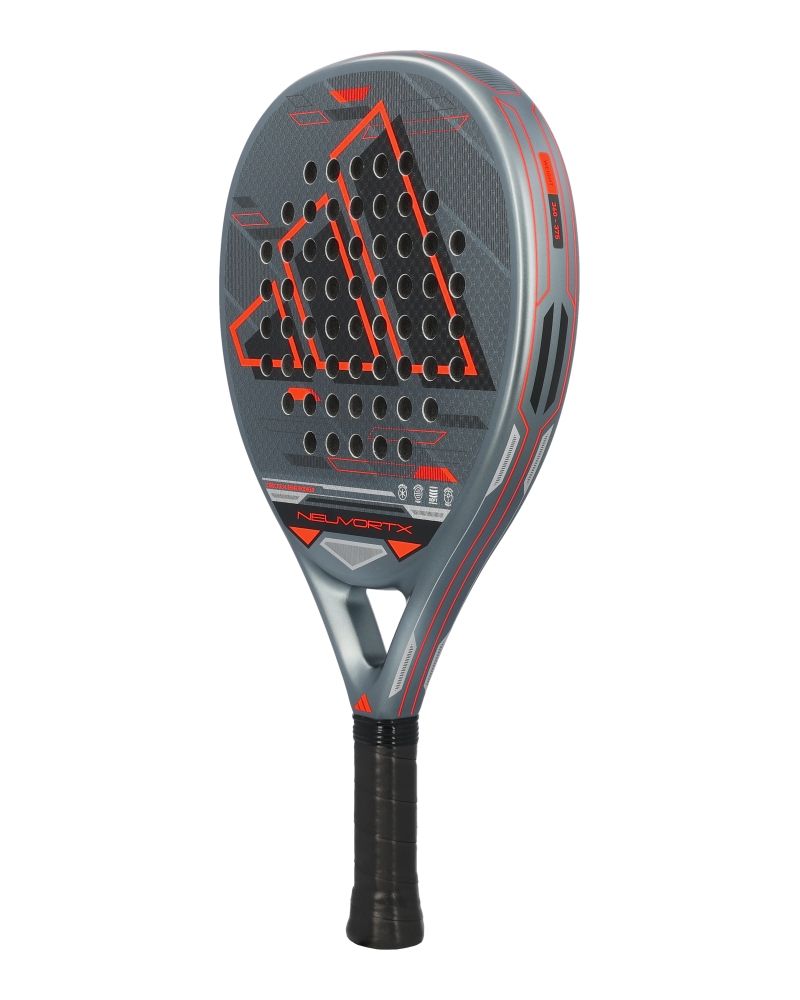 Black, orange and grey Adidas padel racket on a white background.