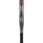 The side of a black, orange and grey Adidas padel racket on a white background.