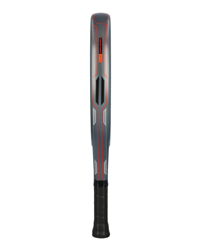 The side of a black, orange and grey Adidas padel racket on a white background.