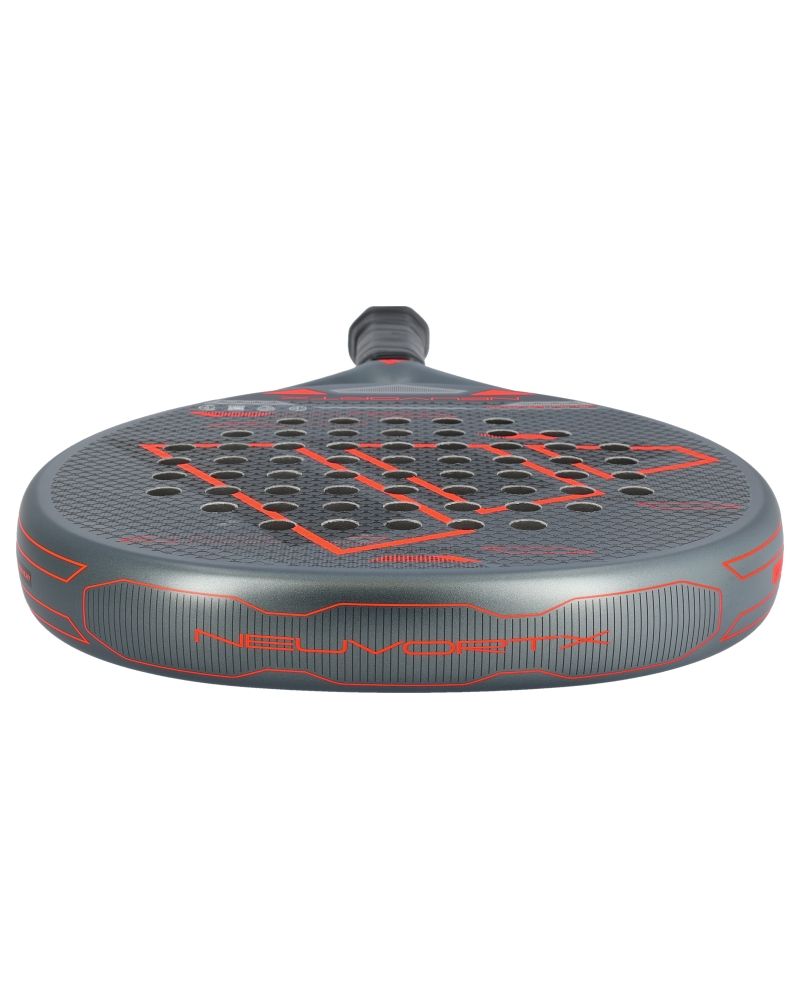 The top of a black, orange and grey Adidas padel racket on a white background.