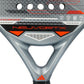 A close up of a black, orange and grey Adidas padel racket on a white background.