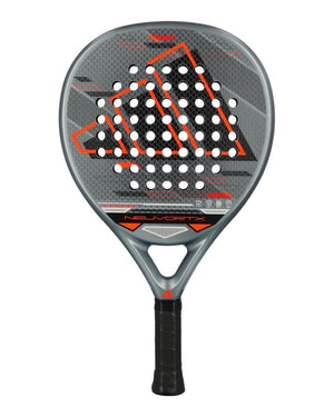 Black, orange and grey Adidas padel racket on a white background.